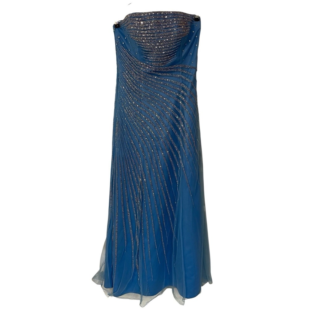 Vintage Blue Silver Beaded Strapless Formal Layered Gown Prom Fairy Pageant 12